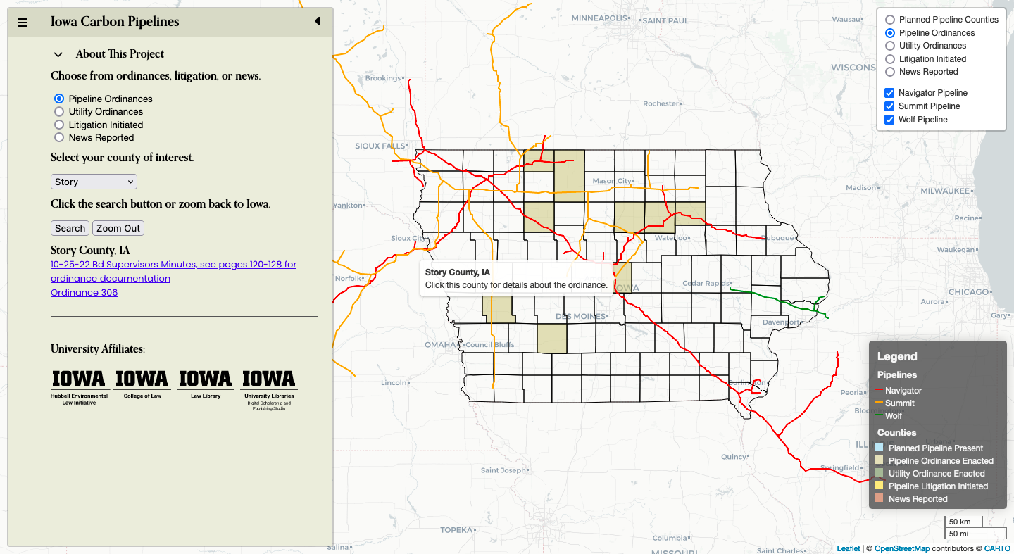 This map helps users locate Iowa counties impacted by planned carbon pipeline construction, ordinances, litigation, and news.